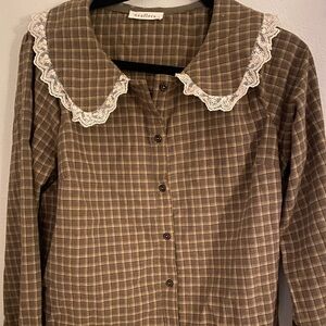 Brown Plaid Button-Up Shirt with Lace Collar
